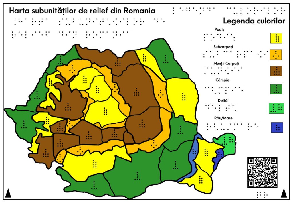 Planșă tactilă care reprezintă și descrie harta României, formele de relief, flora și fauna